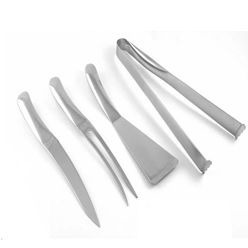 Polished stainless steel BBQ set consist of spatula, tongs, knife and fork