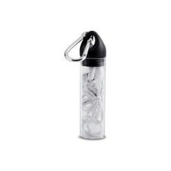 3.5mm audio jack ear buds, Packaged in a container with carabiner clip attachment 