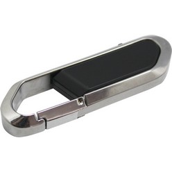 Metal USB with carabiner, 8GB drive with a metal and leather finish, clear packaging