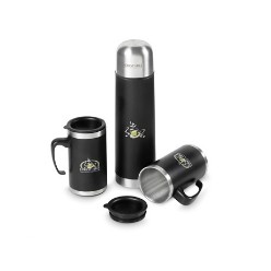 A perfect travel or outdoor gift. Double walled flask with an easy pour button release which auto closes when lid is closed. BPA free. Includes 2 x stainless steel mugs with PP lid and handle. Comes in a black pouch with carry handle. BPA free. Branding on both flask and mugs. Branding can be done on all three components.