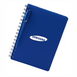A5 Spiral notebook with 70 pages, 80gsm inner bond, material PVC, made in South Africa, includes pen