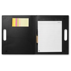 conference folders with 6 coloured sticky notes 20 page notepad includes a recycled pen with black ink