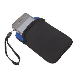 Cell phone case/pouch made from Neoprene, includes coloured tuck flap and metal D-ring, holds most mobile phones, compact cameras and MP3 players
