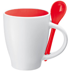 300ml Ceramic Mug with Matching Spoon that fits into the handle, white outside, coloured inside of cup