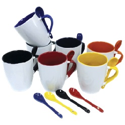 345ml White Ceramic Mug with coloured interior and matching colour handle and spoon that fits in the handle, with matching colour gift box