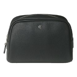 Toiletary pouch Hamilton from CERRUTI 1881 featuring a Black colored, fine grained leather imitation, high quality nylon lining.The distinctive chrome plated monogram CRR from the CERRUTI 1881 is shown on the front section of the pouch. On the side section Luxury Brand items are not returnable