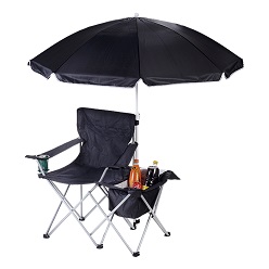 600D polyester steel, champing chair, folding steel frame, collapsible for easy storage, back rest, cooler, zippered closure, foam insulated pvc lining, umbrella with white trim