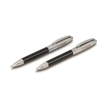 An elegant leatherette pen and pencil set with white stitch accent ? barrel brass with simulated leather wrap, lid, clip & tip polished chrome, pen with black German ink, pencil with 0.7mm lead, zippered simulated leather case 16.5 ( l ) x 6.2 ( w ) x 2 ( h )