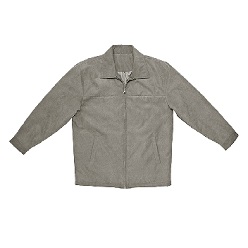 Peachskin suede polyester, smart collared jacket with two concealed zip front yoke pockets, slanted welt pockets, two button cuffs, quilted lining and inside pockets