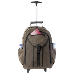 Checked Executive rolling backpack: Zippered main compartment, padded laptop pocket, 2 front zippered pockets, rubberised carry handle, foot stands, trolley wheel, sandwich mesh padded back, 2 sided pockets