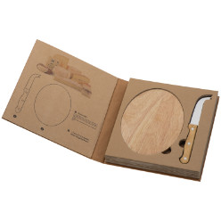 With a wooden cutting board and cheese knife presented in a cardboard giftbox.