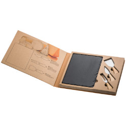 Consisting of a slate cutting/ presentation board. 2 cheese knives and a fork. presented in a cardboard giftbox.