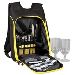 Two place setting 600D polyester Picnic Backpack, includes 2 x knives, spoons, forks, napkins, cheese plates, glasses, backpack is black with yellow trims and has adjustable shoulder straps