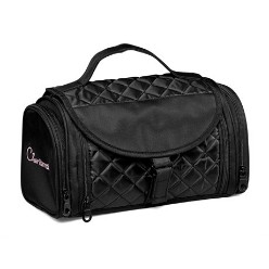 An absolutely stunning bag with quilted design perfect for chic frequent travellers who have a little more to carry .This beauty is fully lined and features top flap with Velcro closure  zippered main compartment with interior organizer, mirror, 5 x transparent interior zippered pockets, 2 x side zippered water resistant compartments, top grab handle and hanging rope ? quilted microfibre