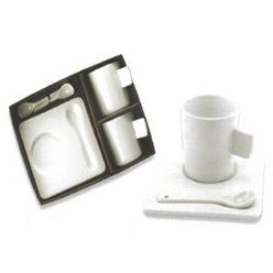 Coffee Set including 2 coffee mugs, 2 cut out coasters, and 2 white spoons, neatly displayed in a presentation box