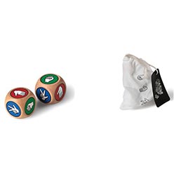 2 x wooden dice, pre-printed cotton pouch, includes PU branding tag