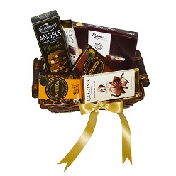 Choc hamper 2 includes wedgewood biscuits, Godiva slab, small Godiva bar, 1 x box beyers select box chocolates, 2 s afikoa slabs all in a basket