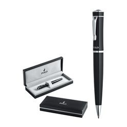 Twist action metal Ballpen with black barrel and chrome trims, Parker type refill, with black ink,  supplied in luxury Polo box