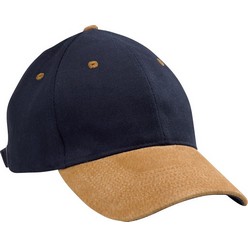 6 Panel structured peak, 6 rows of stitching, suede peak and button, 6 contrast embroidered eyelets, metal bucket fastener, weight 255gsm, 100% heavy brushed cotton, suede