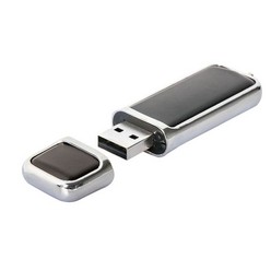 64GB USB flash drive, embedded leather body with chrome trim and keychain loop