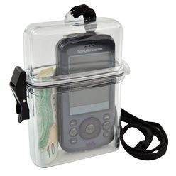 Clear waterproof beach box with black neck cord