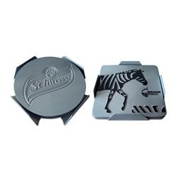 Coasters are round or square and can be embossed, printed or engraved. Coasters can be supplied individually or in a set of 4 or 6 in an aluminium holder