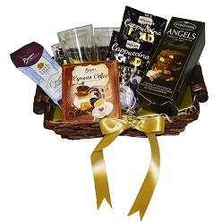 Coffee for 2 in a basket includes 2 x glass cups, beyers espresso coffee slab, wedgewood biscuits, 40 g yotti nuggets, 2 x cappuccino sachets all in a basket