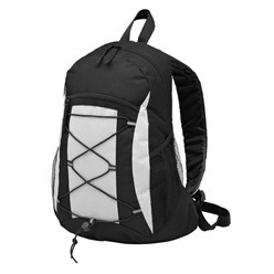 Backpack made from 600D fabric with mesh pockets, adjustable padded backpack straps, padded back panel, webbing loop handle, main compartment, zip pocket and 2-tone reflective loop.