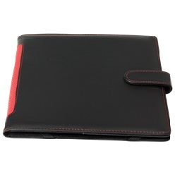 Colourful spine, contrast stitching, snap closure, 40 sheet memo pad, pen loop, 4 card slots, 150D lining, stand