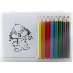 Colouring set in clear box, Contains 8 wooden pencils and 20 paper drawings