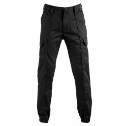 Versatex 65/35, Poly cotton Twill, Flat front with pin tuck detail / Large belt loops for security belt / Two deep slant pockets and one back pocket / Two cargo pockets with button down closure / Concealed YKK zip / Triple needle stitching on back rise and inner leg for extra strength / Elasticised hem
