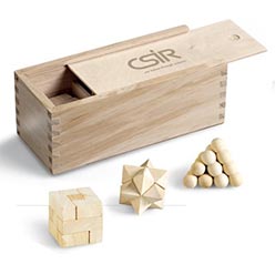 3 x wooden brain teaser puzzles, wooden box