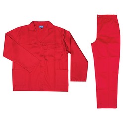 Jacket has a left chest monza pocket, two open hand pockets with stress points bar-tracked, zip front closure, pants have two front slant pockets and a back pocket, self-fabric belt loops, elasticated waistband at back, locally manufactured, weight 200gsm, 80/20 polycotton, unbrushed twill