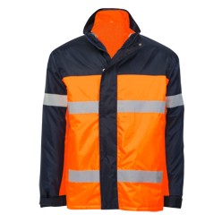 Coated, water resistant oxford fabric Jacket, offering three weared options: lightweight outer jacket, removable mesh vest with safety tape and combined hi-viz jacket, includes front storm flap, adjustable sleeve tabs, concealed roll-up hood and zippered 