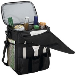 Cooler and BBQ set, features: 12 can capacity cooler, top elasti cord storage, front flap, front pocket, main zipperred compartment, PEVA lining, adjustable . Removable shoulder strap, 2 side mesh pockets, hook and loop closure, tool set pockets, durable 600D