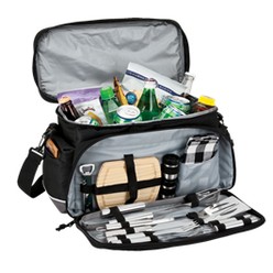 Cooler bag with braai set, features: padded heat sealed interior, 2 side zippered pockets, removable / adjustable shoulder strap, 2 backside pockets, 1front pocket, braai set: bottle opener, cutting board, braai spatuala, braai tongs, braai fork, 2 knives, 2 forks, salt and pepper shakers