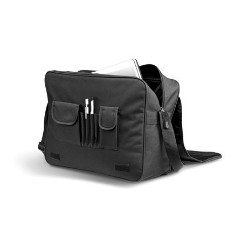 Main zippered compartment with interior organisation panel . Holds most 15.6 inch laptops. Small front accessory pocket. Adjustable , padded shoulder strap. 600D & jacquard.