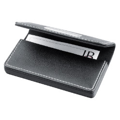 Bonded leather business card holder with magnetic closure and a plaque. Holds 20 business cards