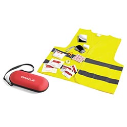 EVA hard shell case, polyester reflective safety vest, 1 x triangle bandage, 1 x scissors, 1 x paper tape, 2 x wet wipes, 8 x alcohol pads, 2 x pins, 2 x cleansing wipes, 2 x non-woven sponges, 2 x conforming bandages, 15 x plasters, 10 x gauze sponges, 1 x dyno torch