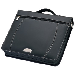 Zip around bonded leather folder with A4 note pad, calculator and several compartments. Features a removable ring binder insert and carry handle.
