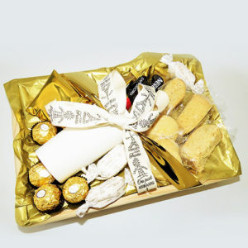 1x White Mug, 5x 1's Biscuit Angel Nougat individually wrapped, 3x 1's Rusk individually wrapped assorted flavours, 2x 1's Coach House Macadamia Nut Shortbread individually wrapped, 4x 1's Ferrero Rocher Chocolates, 3x 1's Sally Williams Nougat