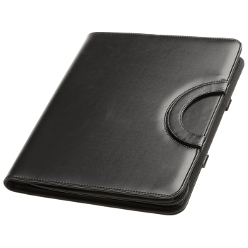 Curved Handle Zipped Folder: Gusseted file pocket for tablet, 4 Card slots, Elastic USB holder, Elastic pen loop, 40 lined pages, foldable curved handle, Zippered closure, 8 digit Calculator included, accessories Not included