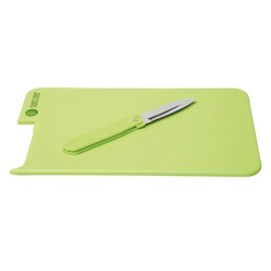 Coloured PP cutting board with detachable stainless steel folding knife that slots into the board