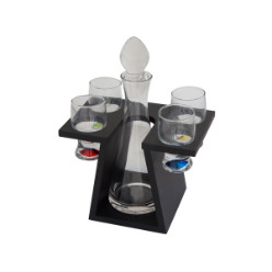 Includes: Stand, Decanter and 4 x Shot Glasses with Coloured Bases