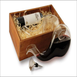 re-useable wooden box, snail decanter, handblown glass.Chocolate block wine and crystal glass bottlestopper.