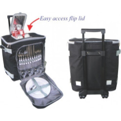 Delux Cooler Picnic Set - Trolley Bag - 4 Place Setting - Easy Access Flip Lid