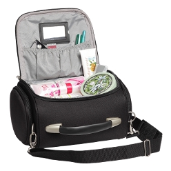 Deluxe Vanity Case: Mirrored insert, Elasticated inner pocket, vacuum moulded 600D nylon, Zippered side compartments, adjustable/removable shoulder strap