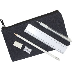 Denim stationay set includes 15cm ruler, pencil, pen, eraser, sharpener