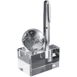Eye catching desk item in Real glass. Features a removable globe and a pen holder on a glass block. Supplied in a blue gift box