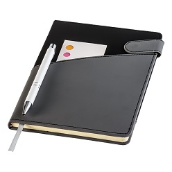 A5 notebook, pu cover, 80 lined pages, snap strap closure, bookmark ribbon, small front pocket